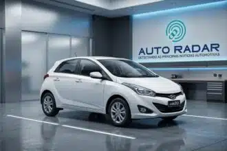 hyundai hatch na cor branca numa garagem hightech