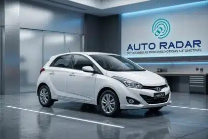 hyundai hatch na cor branca numa garagem hightech