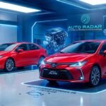 Dois Corollas lado a lado, na cor vermelha, numa oficina high tech