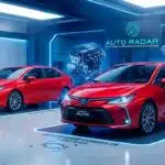 Dois Corollas lado a lado, na cor vermelha, numa oficina high tech