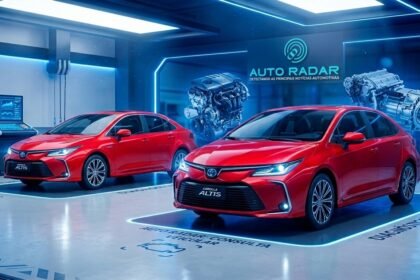 Dois Corollas lado a lado, na cor vermelha, numa oficina high tech