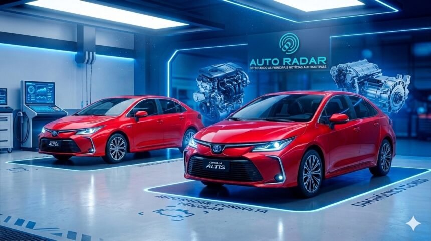 Dois Corollas lado a lado, na cor vermelha, numa oficina high tech