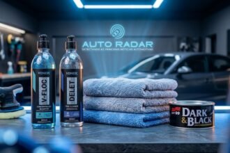 kit de estética com garrafas de shampoo automotivo, toalhas e cera