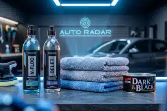 kit de estética com garrafas de shampoo automotivo, toalhas e cera