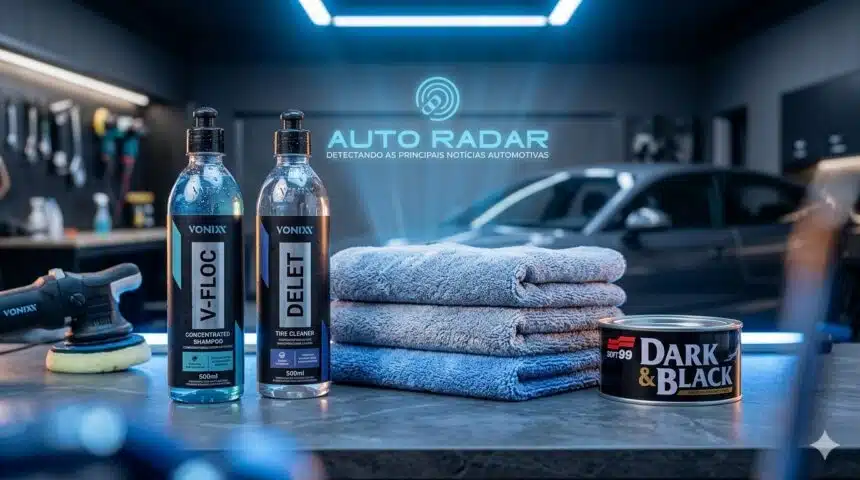 kit de estética com garrafas de shampoo automotivo, toalhas e cera