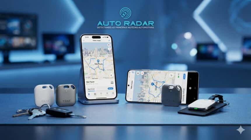 mini rastreadores inteligentes e smartphones exibindo mapas