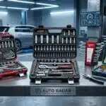 oficina de automóveis, com 3 maletas de ferramentas em cima de uma bancada