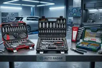 oficina de automóveis, com 3 maletas de ferramentas em cima de uma bancada