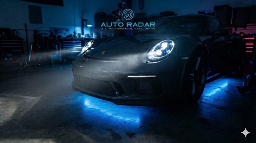 auto esportivo com os faróis de led acesos, dentro de uma oficina