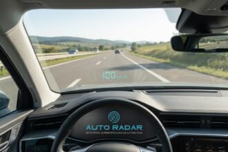 automóvel na estrada, mostrando aparelho que projeta a velocidade de 100 km/h no parabrisas