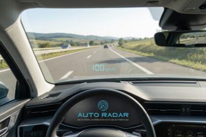 automóvel na estrada, mostrando aparelho que projeta a velocidade de 100 km/h no parabrisas