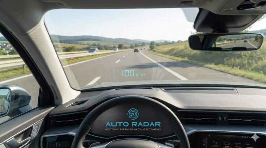 automóvel na estrada, mostrando aparelho que projeta a velocidade de 100 km/h no parabrisas