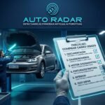 Oficina onde um automovel está num macaco hidraulico, onde está sendo observado