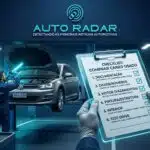Oficina onde um automovel está num macaco hidraulico, onde está sendo observado