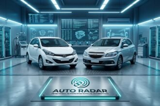 numa garagem high tech, lado a lado, hb20 branco e onix prata