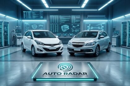 numa garagem high tech, lado a lado, hb20 branco e onix prata