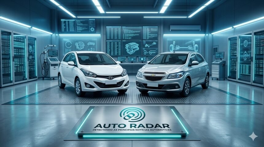 numa garagem high tech, lado a lado, hb20 branco e onix prata