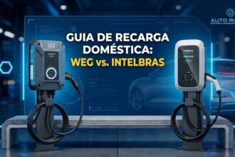 dois carregadores veiculares lado a lado numa bancada, onde atrás aparece um carro elétrico