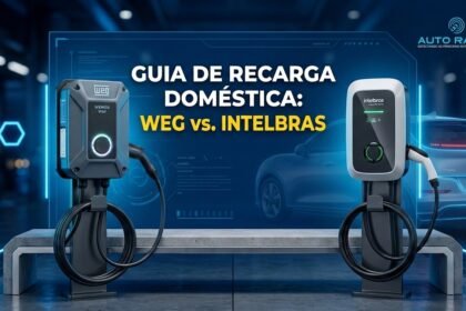 dois carregadores veiculares lado a lado numa bancada, onde atrás aparece um carro elétrico