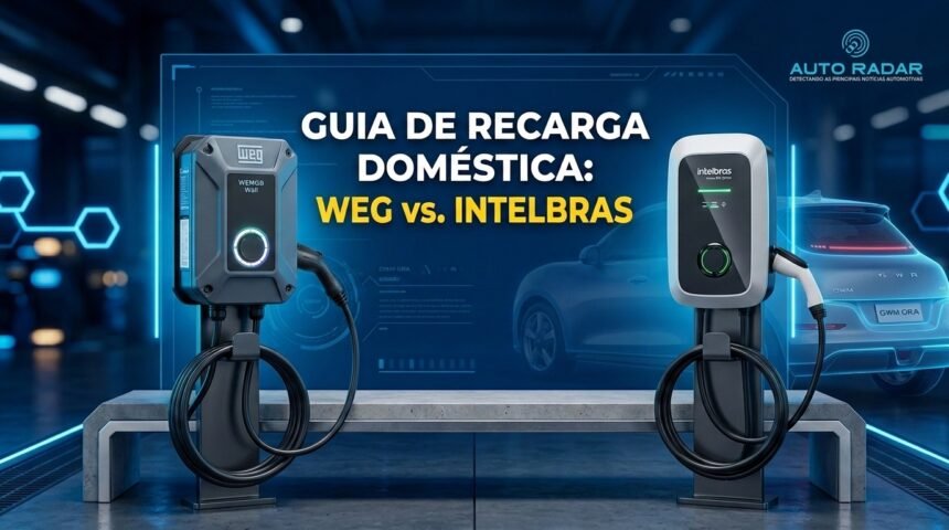 dois carregadores veiculares lado a lado numa bancada, onde atrás aparece um carro elétrico