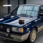 numa garagem, o reluzente gol gti, ostenta em seu capô uma lata de cera de carnauba