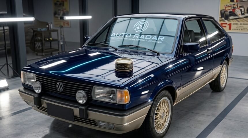 numa garagem, o reluzente gol gti, ostenta em seu capô uma lata de cera de carnauba