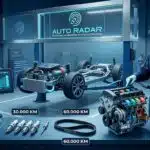 oficina apresentando mecanico reparando o bloco de um motor, enquanto no macaco hridáulico, repousa parte de um automóvel desmontado