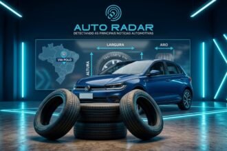 numa garagem, em primeiro plano, empilhados estão alguns dos modelos de pneus mais vendidos do Brasil. Atrá, aparece um vw polo na cor azul