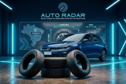 numa garagem, em primeiro plano, empilhados estão alguns dos modelos de pneus mais vendidos do Brasil. Atrá, aparece um vw polo na cor azul