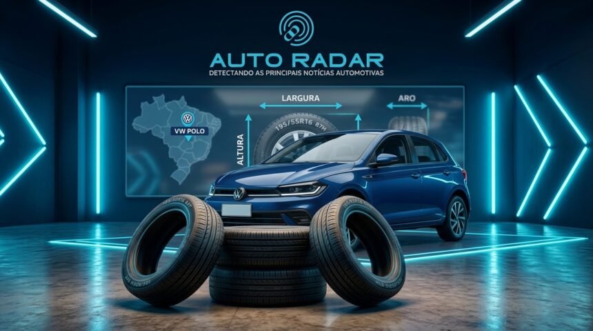 numa garagem, em primeiro plano, empilhados estão alguns dos modelos de pneus mais vendidos do Brasil. Atrá, aparece um vw polo na cor azul