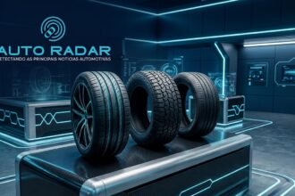 numa oficina, numa bancada, três modelos de pneus lado a lado