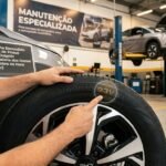 numa oficina, onde um carro elétrico está suspenso pelo macaco hidráulico, em primeiro plano, está um mecânco que aponta para a lateral de um pneu, onde indica uma numeração específica