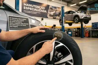 numa oficina, onde um carro elétrico está suspenso pelo macaco hidráulico, em primeiro plano, está um mecânco que aponta para a lateral de um pneu, onde indica uma numeração específica