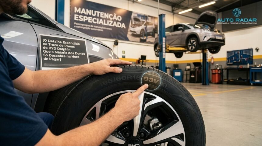 numa oficina, onde um carro elétrico está suspenso pelo macaco hidráulico, em primeiro plano, está um mecânco que aponta para a lateral de um pneu, onde indica uma numeração específica