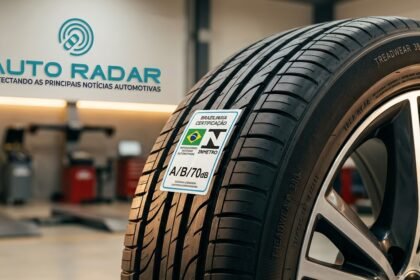 Oficina onde um pneu montado numa roda, aparece em primeiro plano