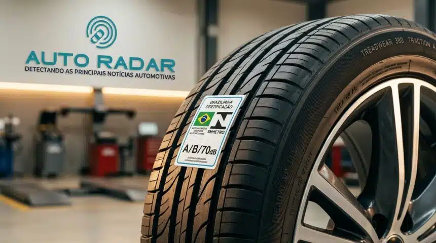 Oficina onde um pneu montado numa roda, aparece em primeiro plano