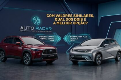 Garagem hightech com dois modelos de automóveis, Toyota Corolla Cross e BYD Dolphin plus colocados quase frente a ferente, a 45º