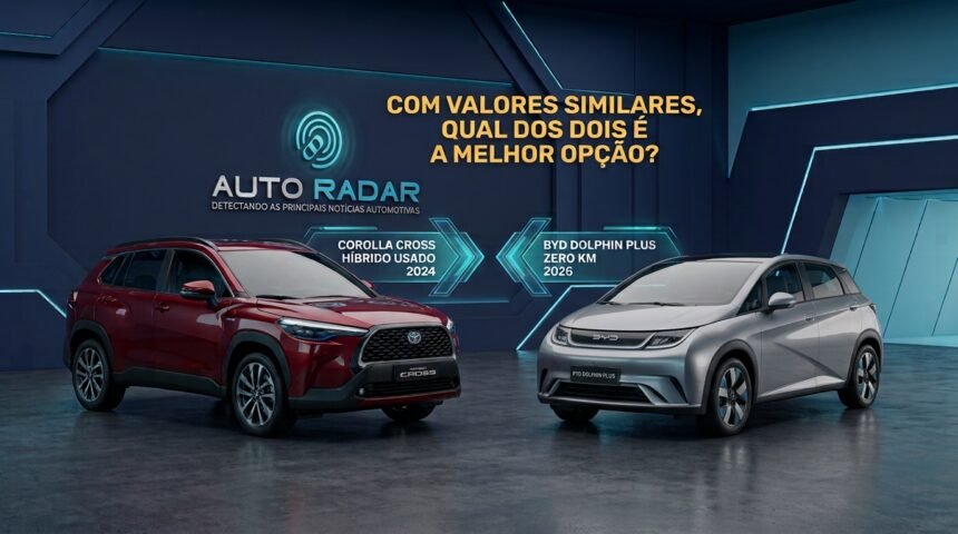Garagem hightech com dois modelos de automóveis, Toyota Corolla Cross e BYD Dolphin plus colocados quase frente a ferente, a 45º